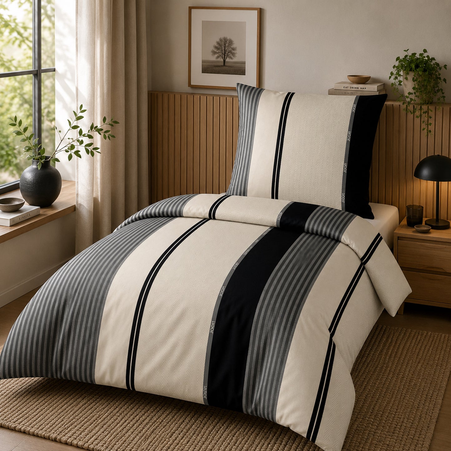 JOOP! Comfort Satin Bettwäsche Streifen 4125-9 Black creme 135x200