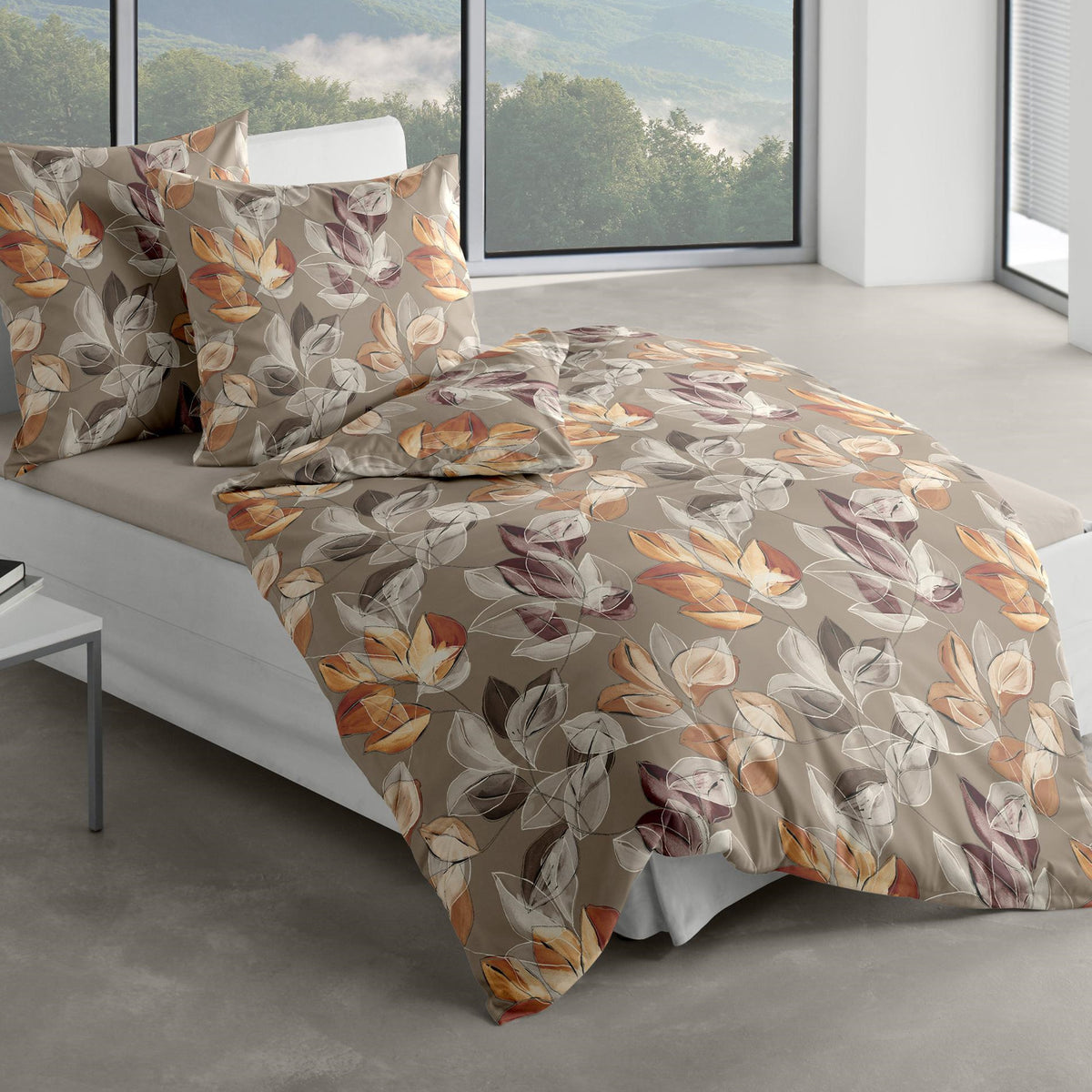 4 tlg. Bettwäsche Bierbaum Biber 4136-81 Blätter nuss caramel 135x200