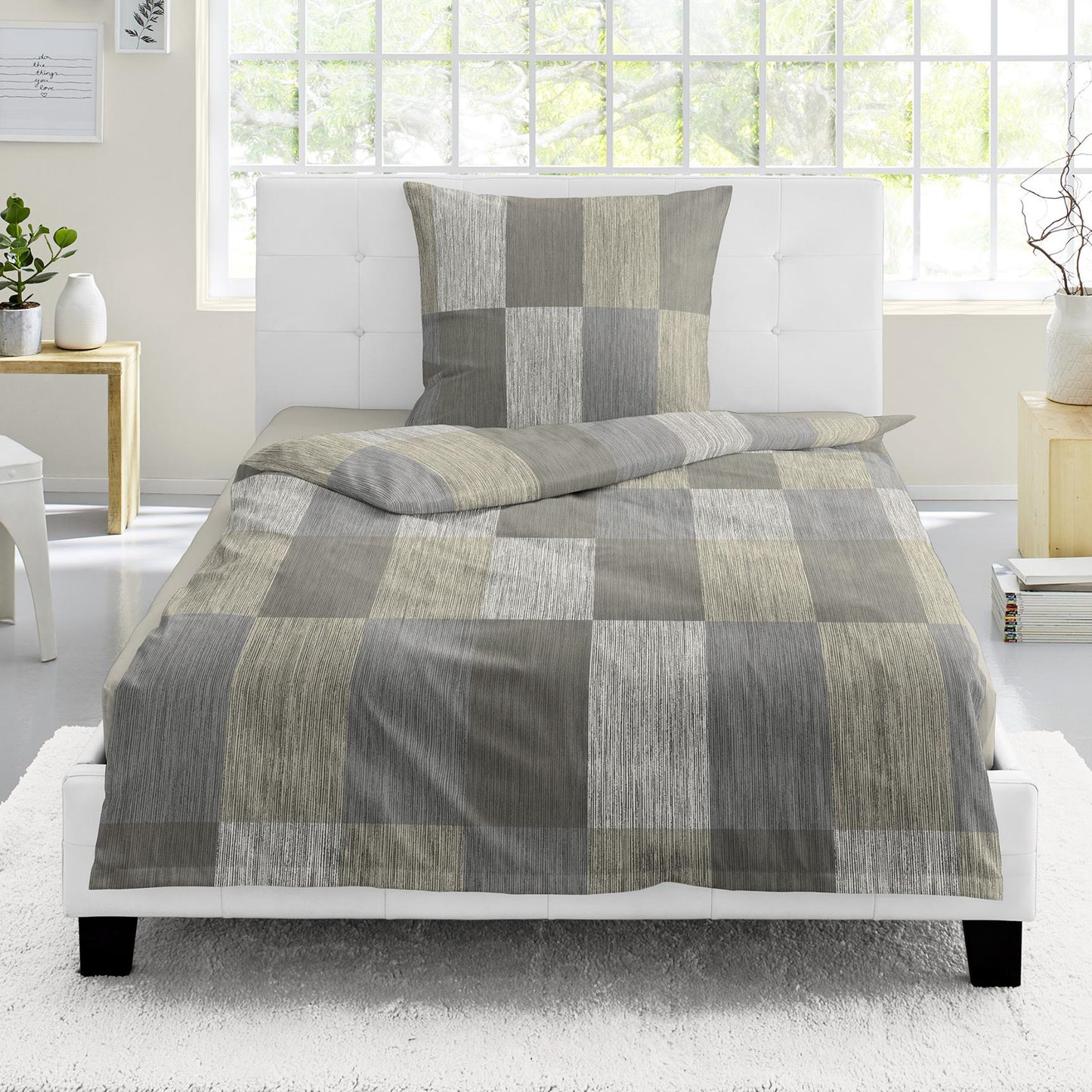 Bettwäsche Bierbaum Mako Satin 4142-81 beige kariert Streifen 135x200