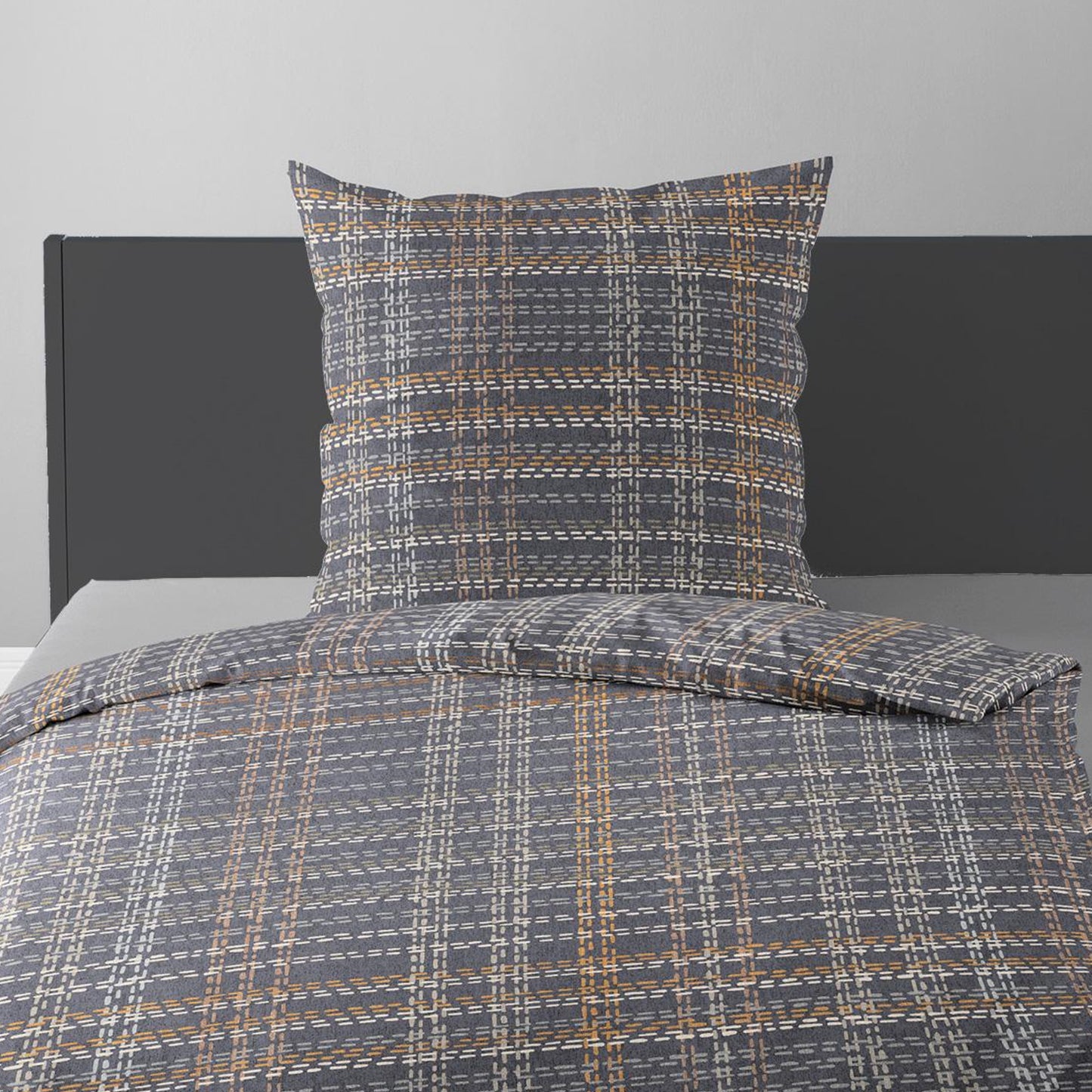 Bettwäsche Bierbaum Biber 4143-10 graphit natur orange kariert 135x200