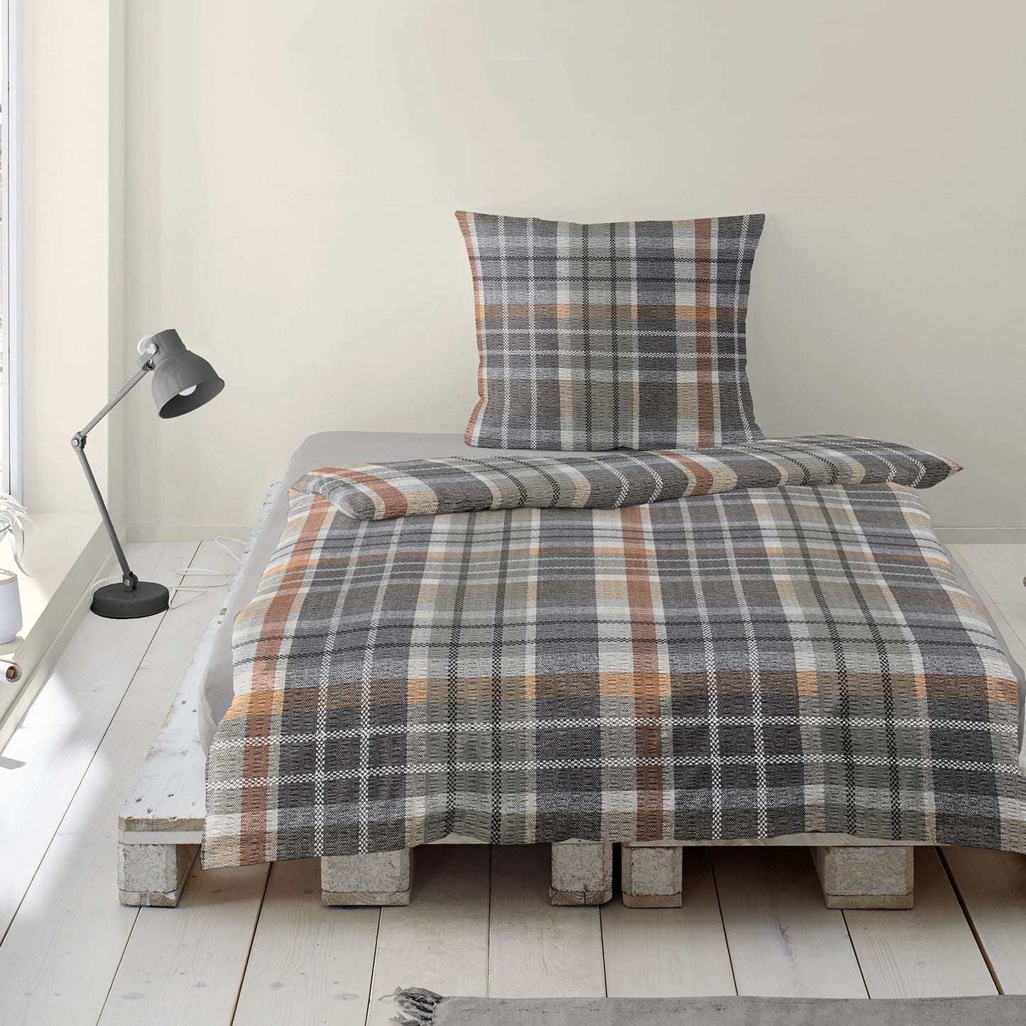 Bettwäsche Bierbaum Seersucker 4149-10 Kariert grau braun 135x200