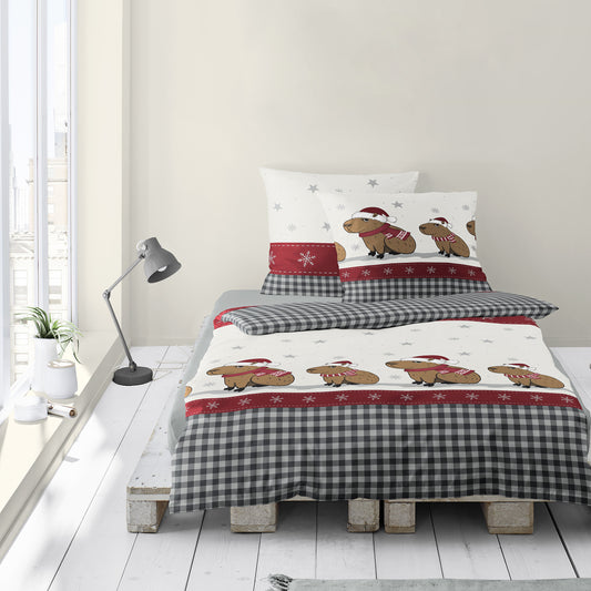 Bettwäsche Bierbaum Biber 4168-10 Capybara Natur Grau Rot 135x200