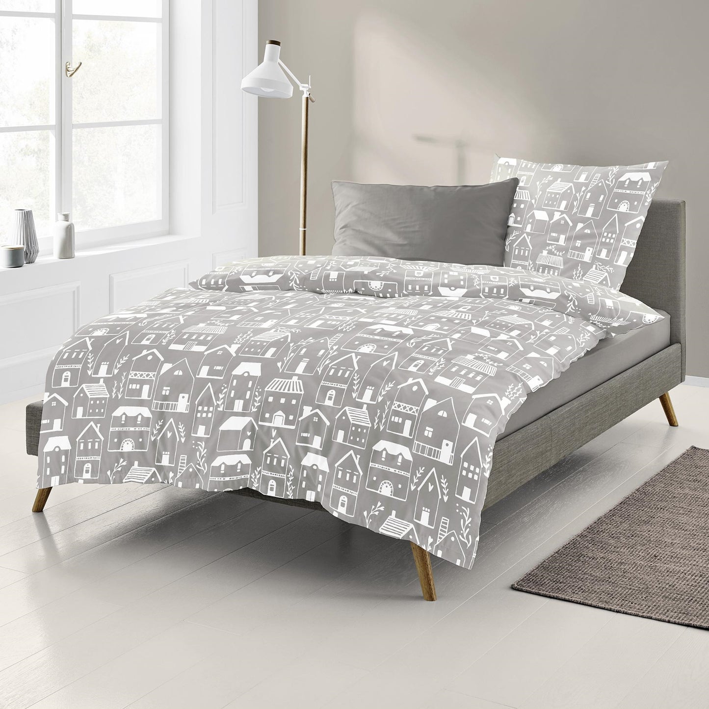Bettwäsche Bierbaum Biber 4176-80 Häuser Stadt beige natur 135x200