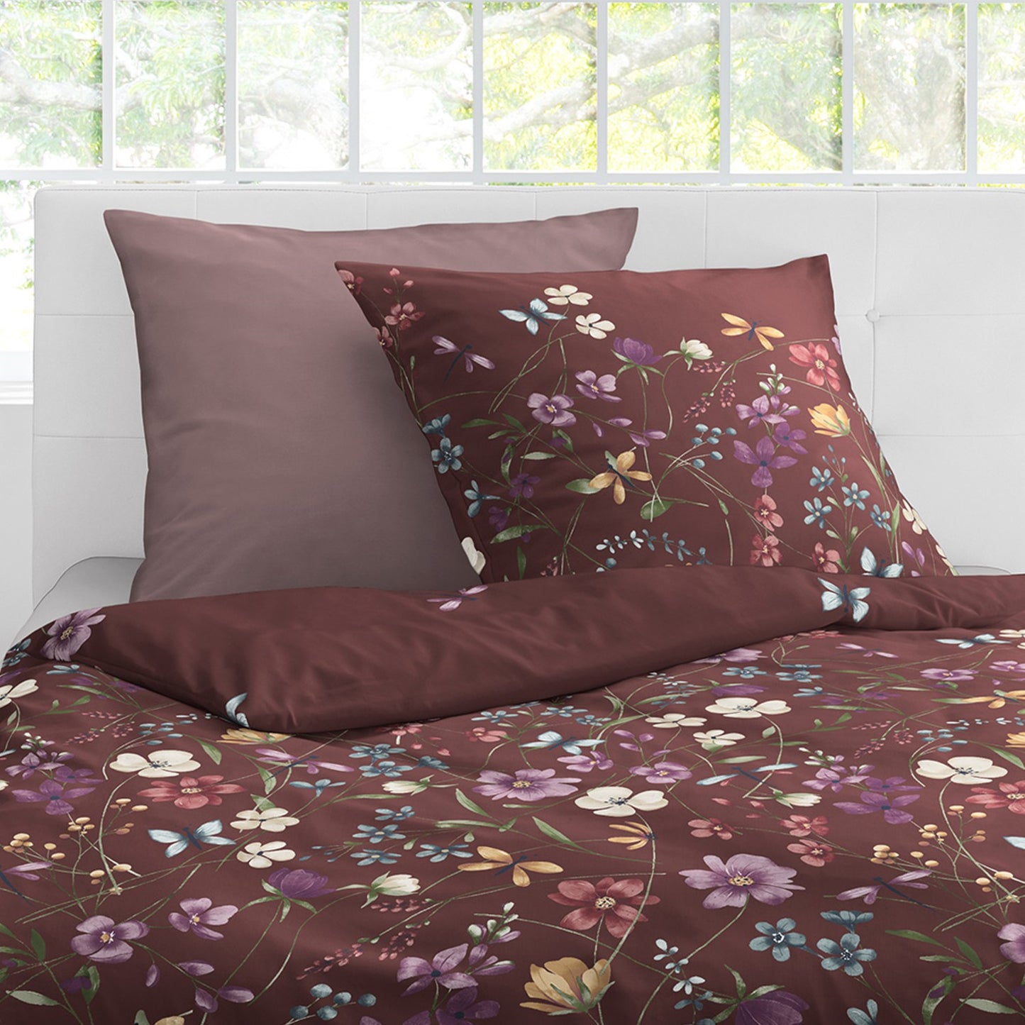 Bettwäsche Bierbaum Mako Satin 4180-60 Blumen rubin rot 135x200
