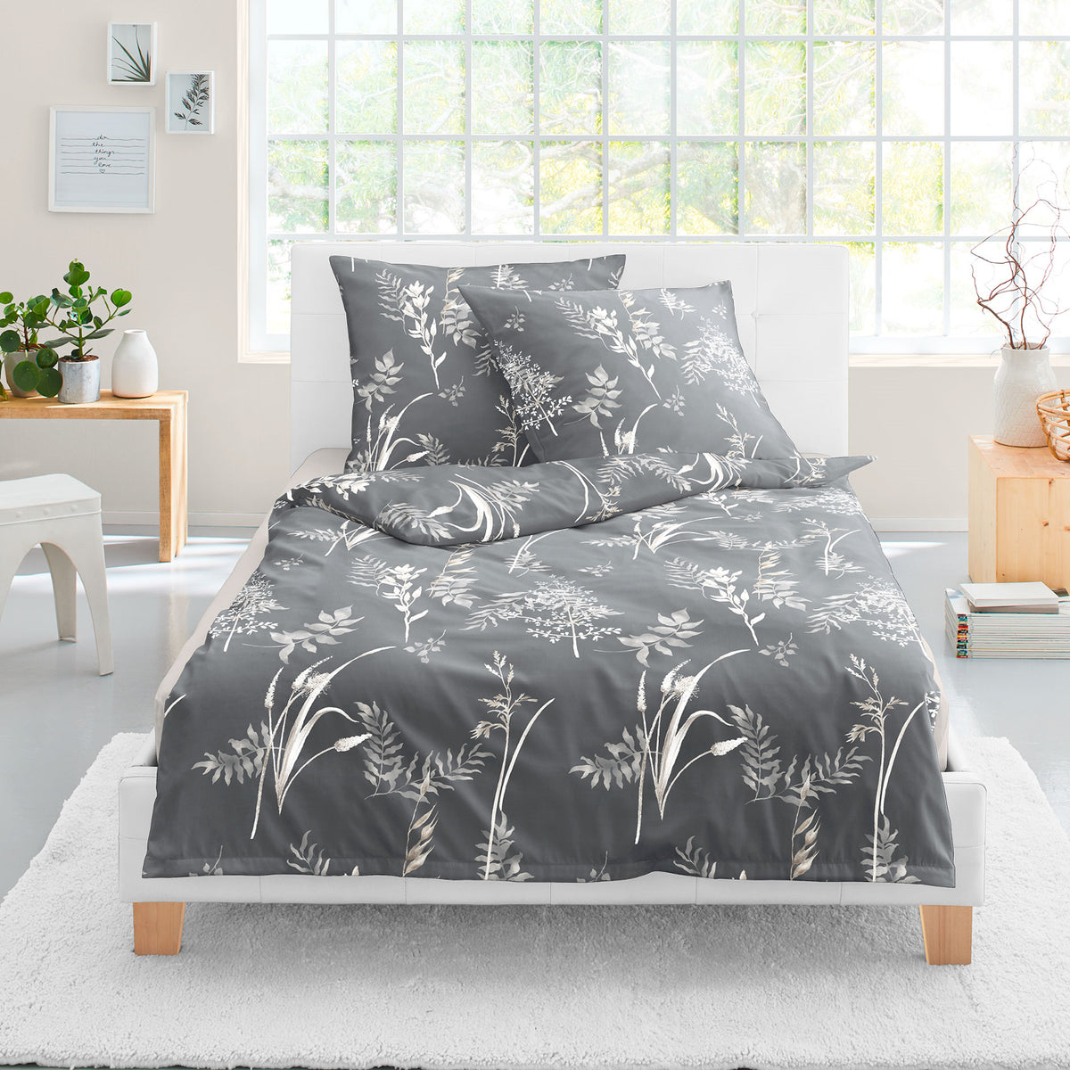 Bettwäsche Bierbaum Mako Satin 4200-12 grafit Gräser 135x200