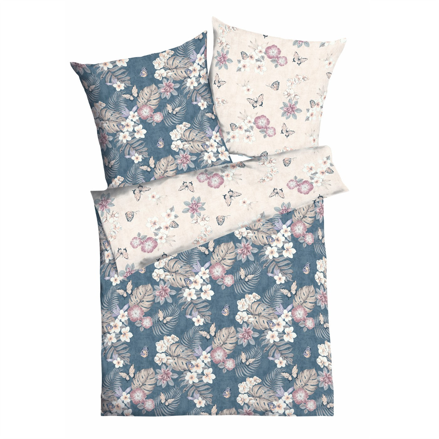 Bettwäsche Mako Satin Pina Colada Blau mit Blumenmuster 135 x 200 cm