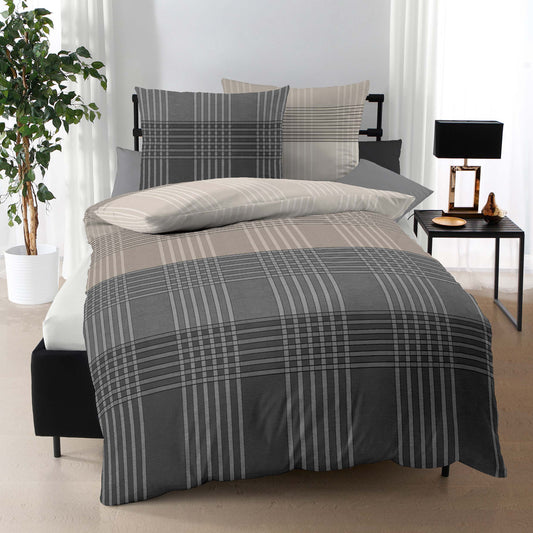 Bettwäsche Kaeppel Biber 423-539 Zones kariert stein grau 155x220