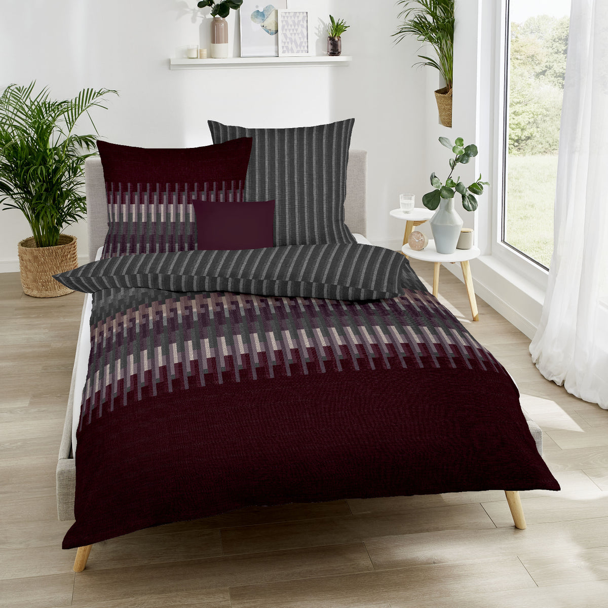 Bettwäsche Kaeppel Biber 442-512 Smart Streifen burgund grau 135x200
