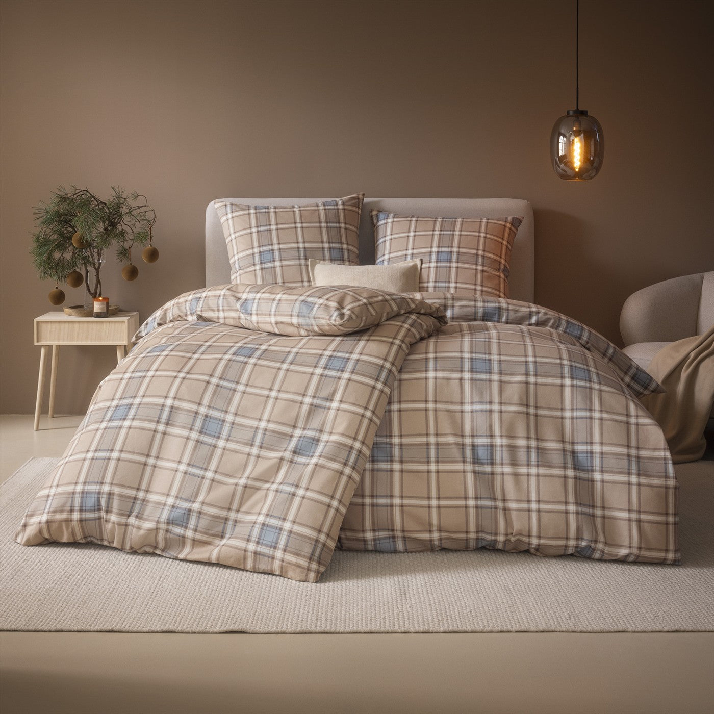 Estella Flanell Bettwäsche Quirin 4448-200 kariert beige blau 135x200