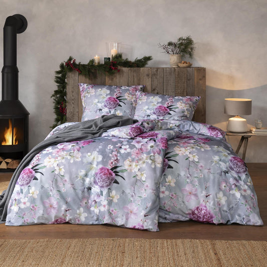 Estella Flanell Bettwäsche Romantica 4453-820 Blumen Rosa Grau 135x200