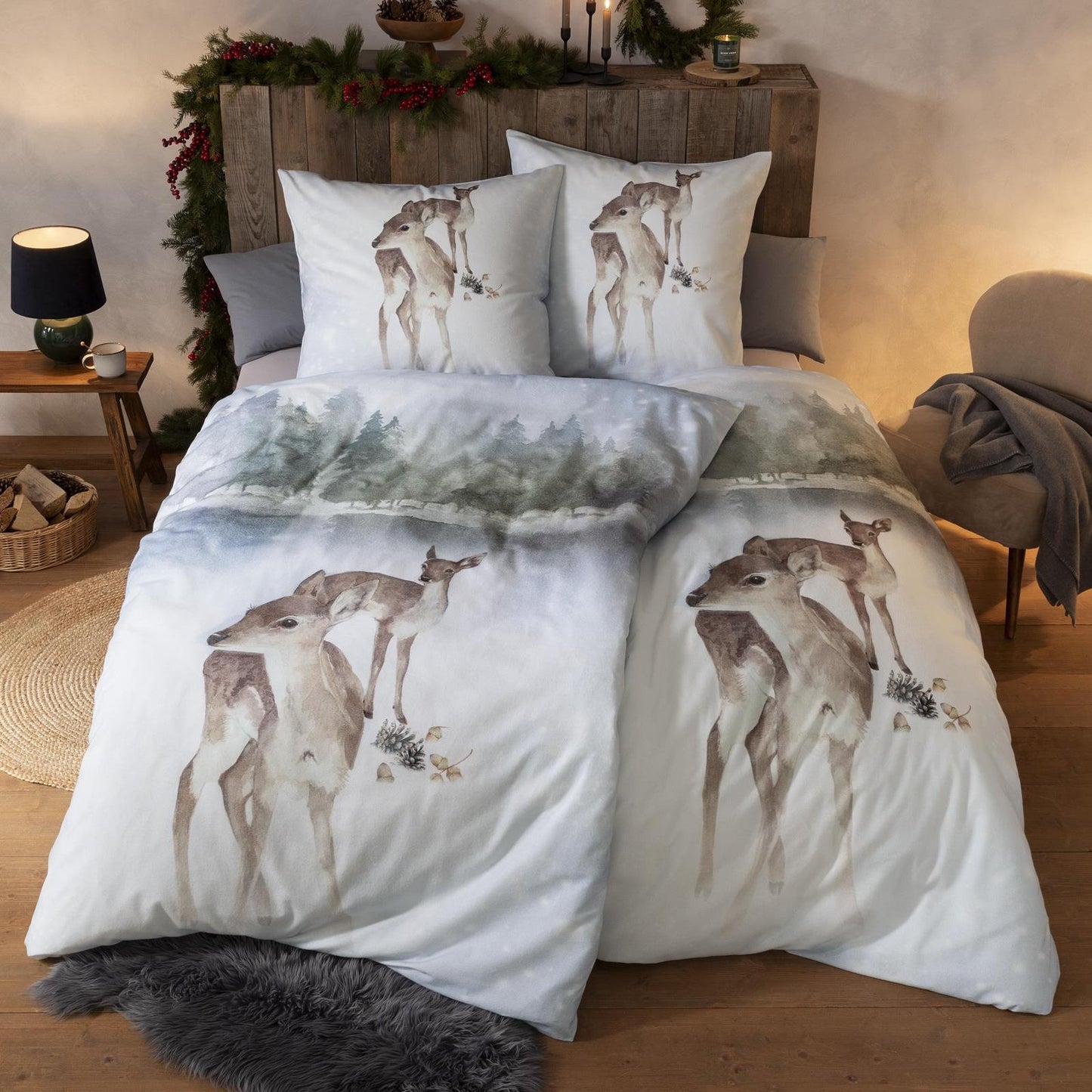 Estella Flanell Bettwäsche Iceland 4456-101 Rehe Winter Schnee 135x200