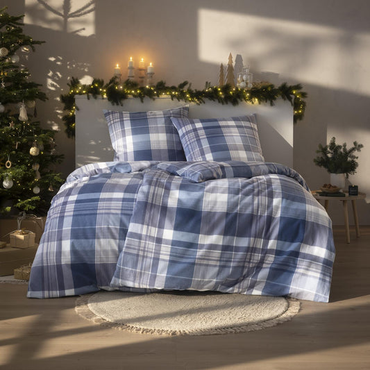 Estella Flanell Bettwäsche Ambros 4473-655 Kariert Navy Blau 135x200