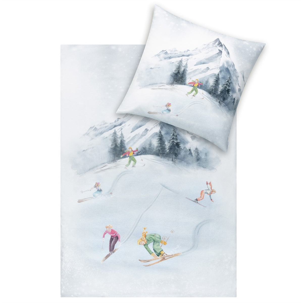 Bettwäsche Flanell Mountaina Weiß mit Skiläufermotiv 135 x 200 cm