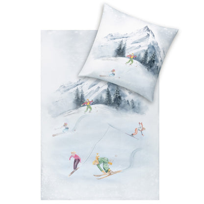 Bettwäsche Flanell Mountaina Weiß mit Skiläufermotiv 135 x 200 cm