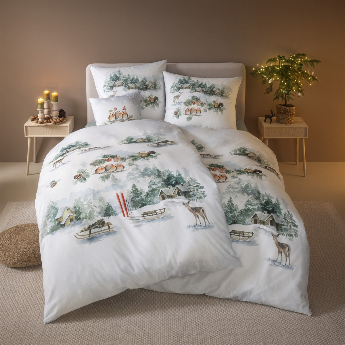 Bettwäsche Flanell Birdy Weiß mit Winterlandschaft 155 x 220 cm