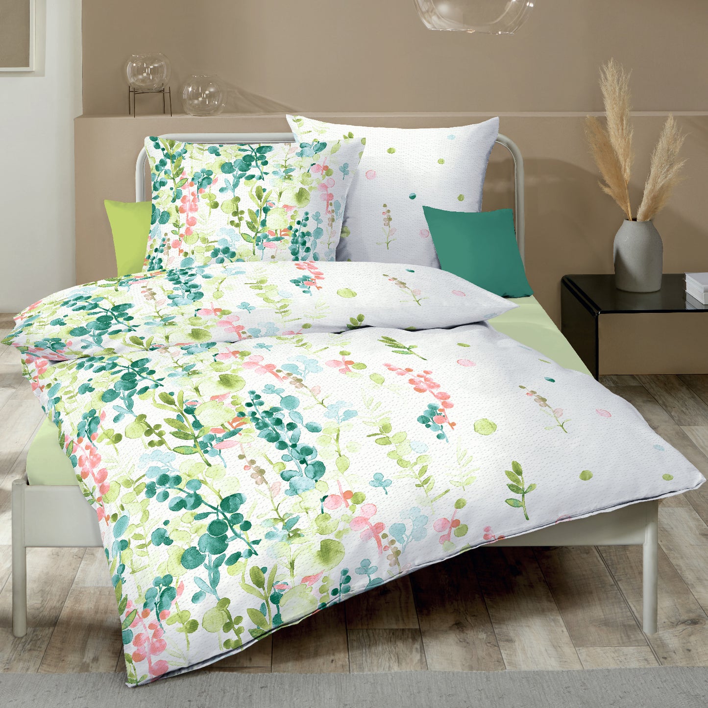 Bettwäsche Kaeppel Seersucker 466-03 Inaya Blätter aqua grün 135x200