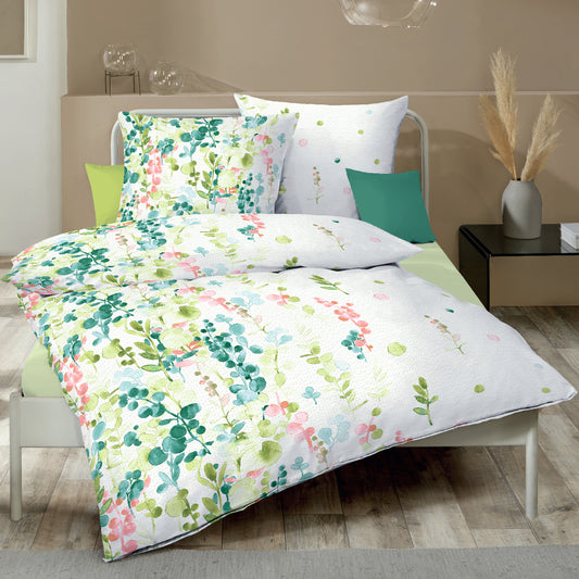 Bettwäsche Kaeppel Seersucker 466-03 Inaya Blätter aqua grün 135x200