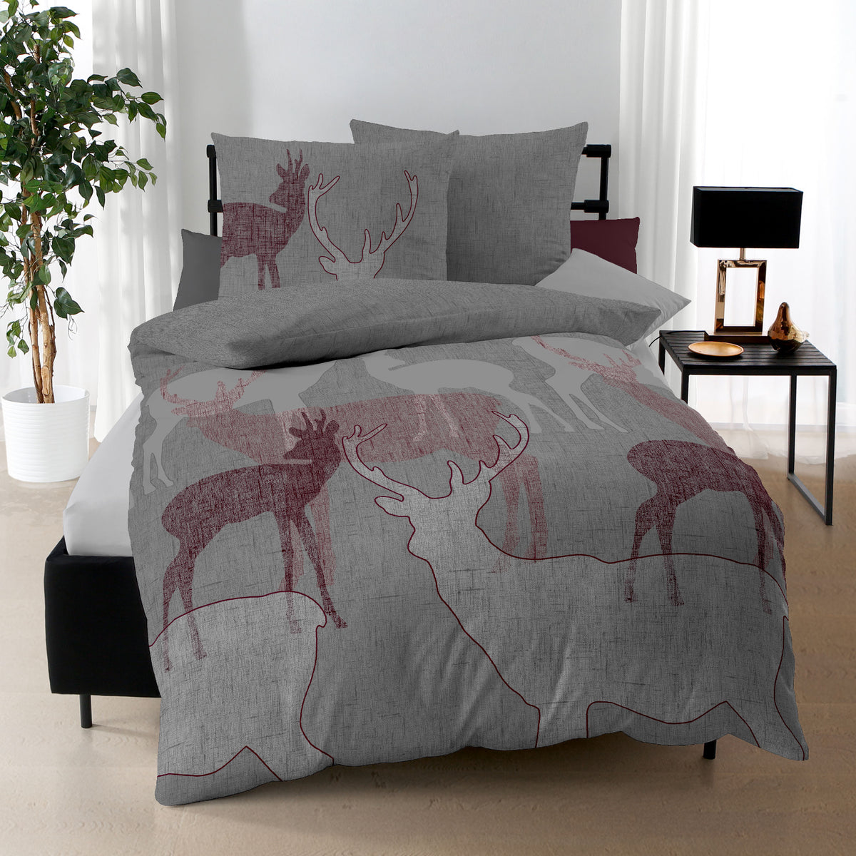 Bettwäsche Kaeppel Biber 477-502 Hirsche rot grau silber 135x200