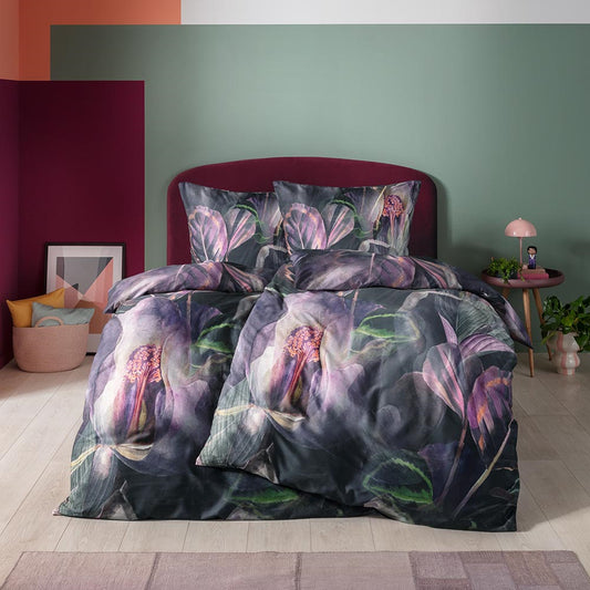 Estella Mako Satin Bettwäsche Kendra Blüten 4834-670 Aubergine 135x200
