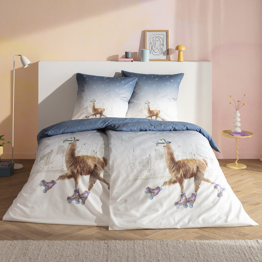 Estella Mako Satin Bettwäsche City Lama 4848-600  Sterne blau 135x200