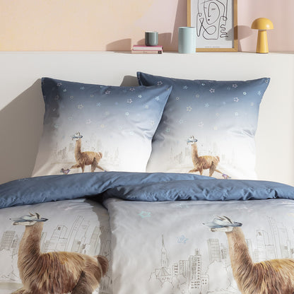 Estella Mako Satin Bettwäsche City Lama 4848-600  Sterne blau 135x200