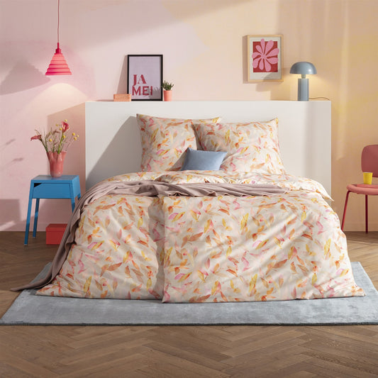 Bettwäsche Mako Satin Tabby Beige mit Blättermuster 135 x 200 cm
