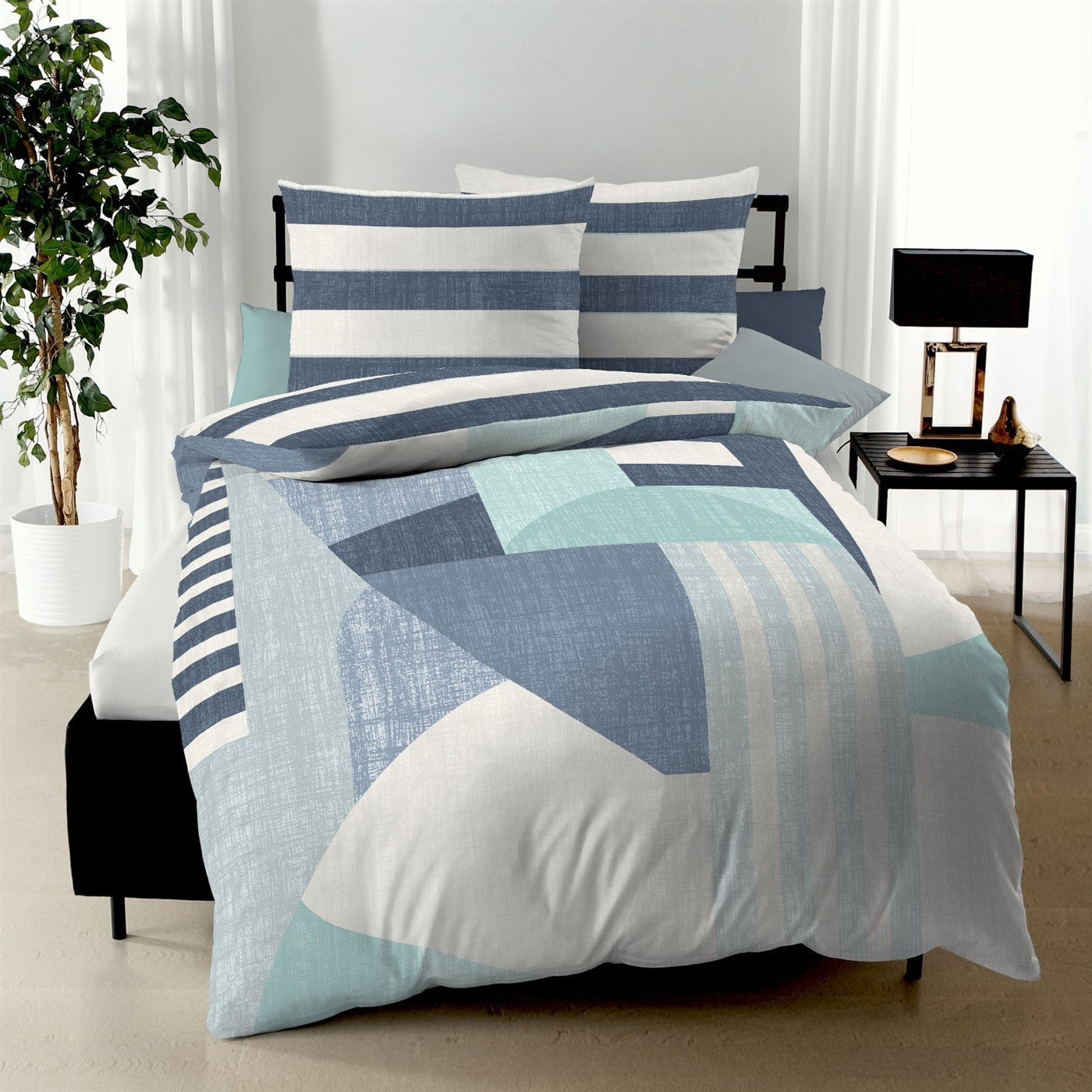 Bettwäsche Mako Satin Rising Sun Blau mit geometrischem Muster 135 x 200 cm, 155 x 220 cm