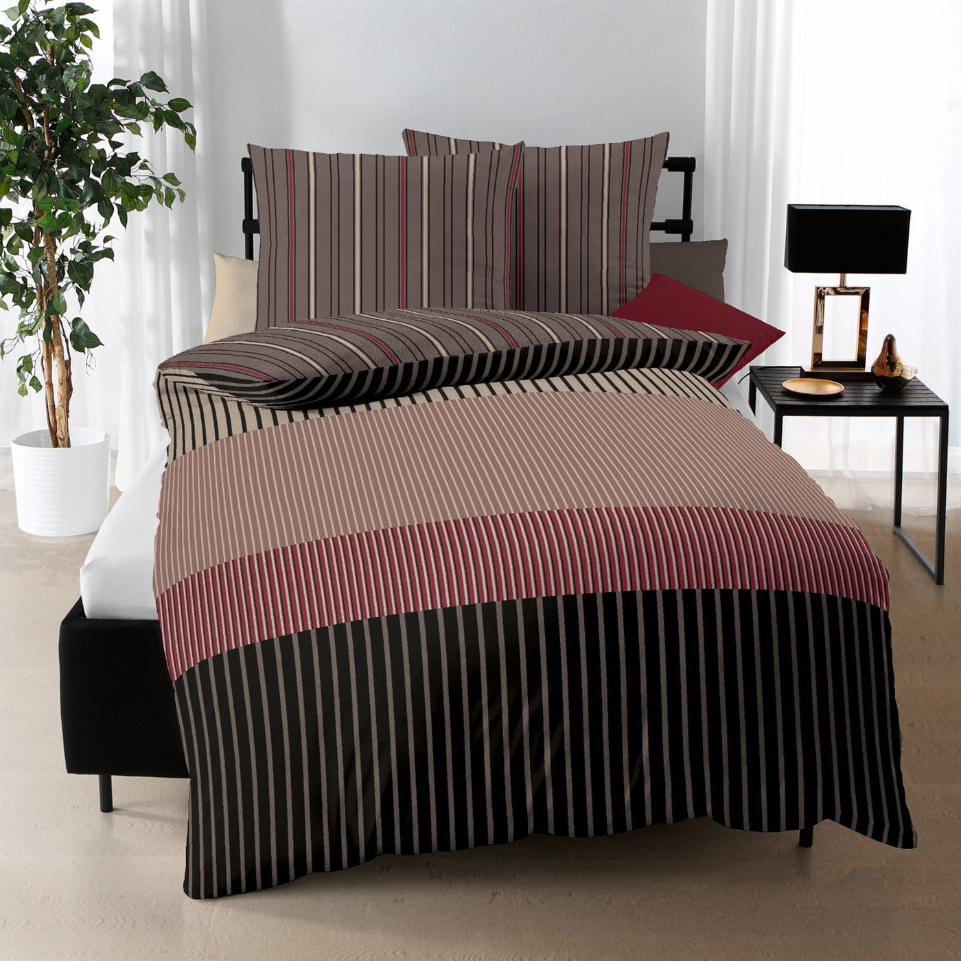 Bettwäsche Mako Satin Skyline Braun mit Streifenmuster 135 x 200 cm