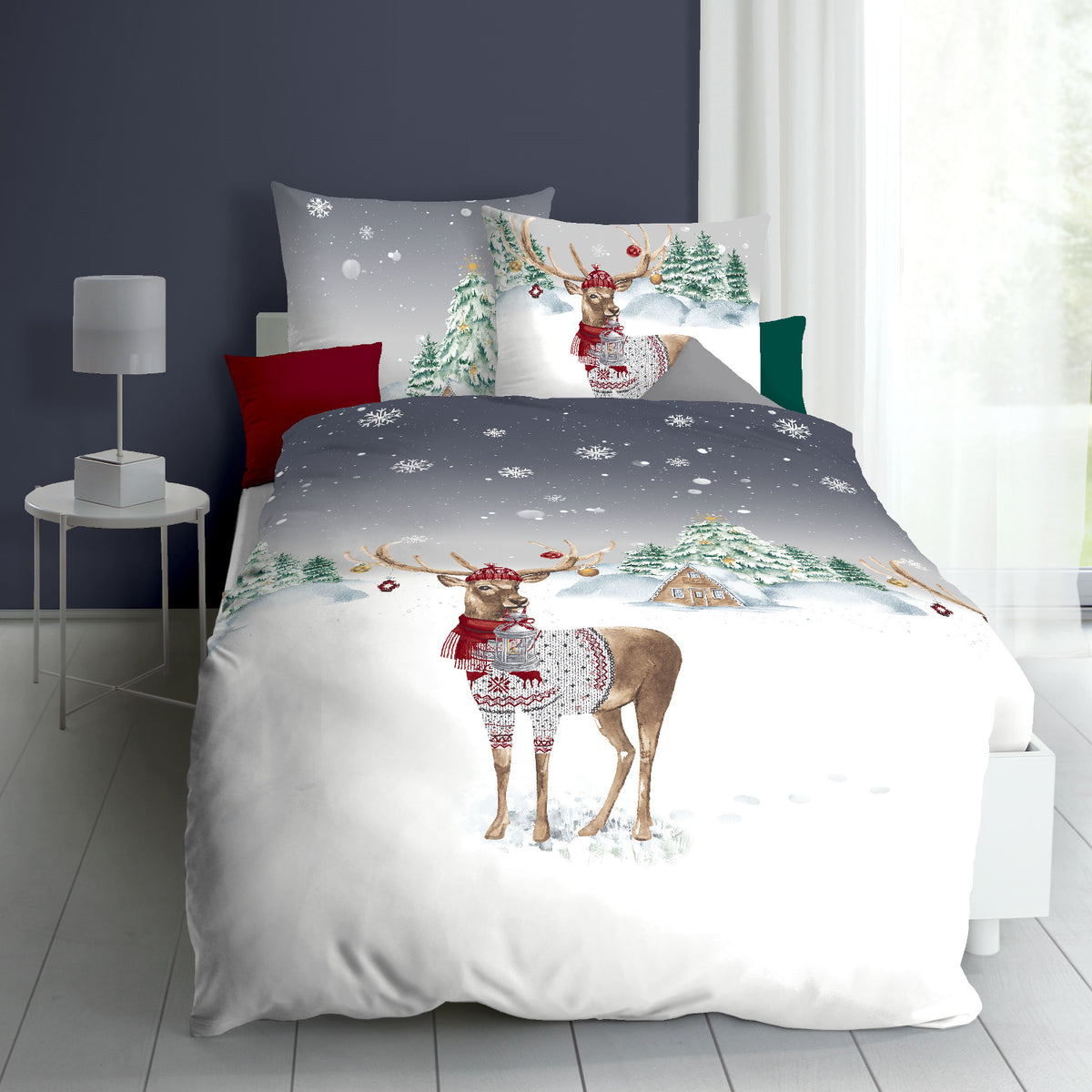 Bettwäsche Kaeppel Biber 525-569 Weihnachtshirsch grau schnee 135x200