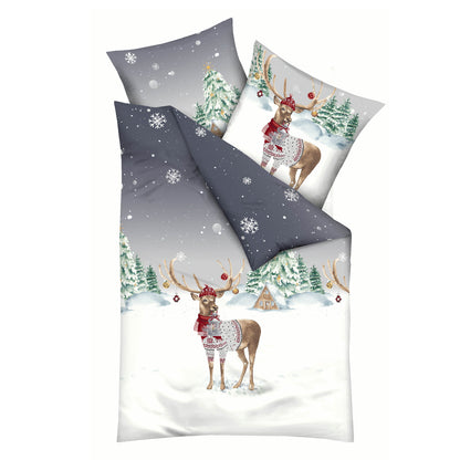Bettwäsche Kaeppel Biber 525-569 Weihnachtshirsch grau schnee 135x200
