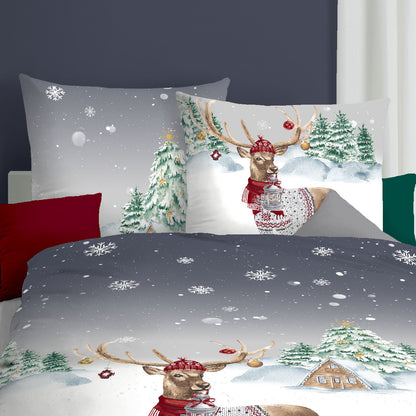 Bettwäsche Kaeppel Biber 525-569 Weihnachtshirsch grau schnee 135x200