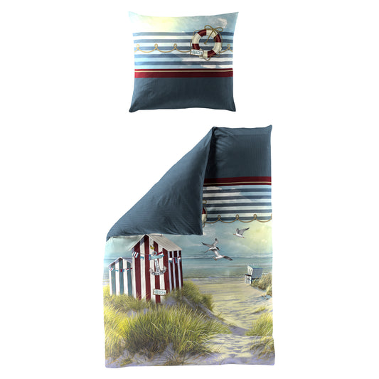 Bettwäsche Bierbaum Mako Satin 5257-20 Strandhaus Maritim blau 135x200