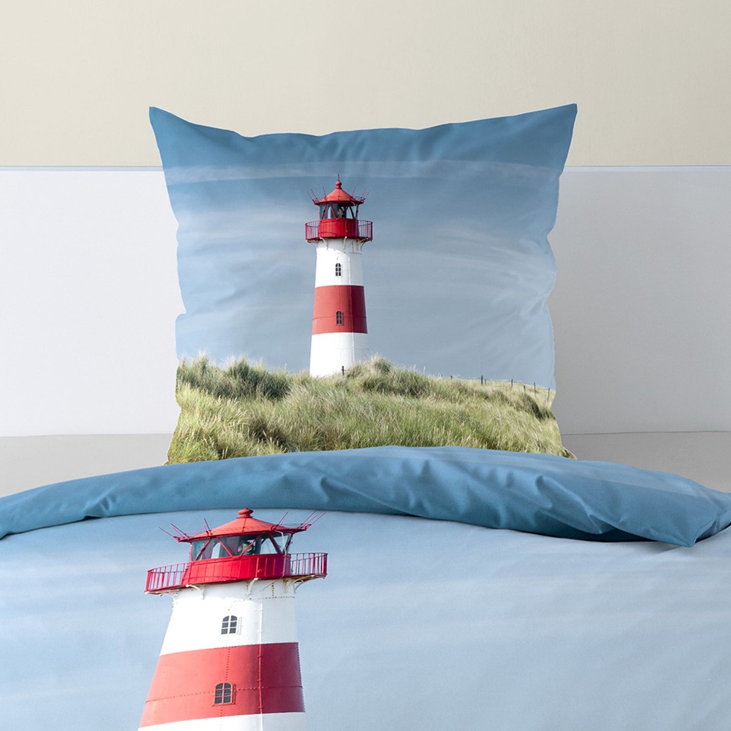 Bettwäsche Bierbaum Mako Satin 5285-20 Leuchtturm Maritim blau 135x200