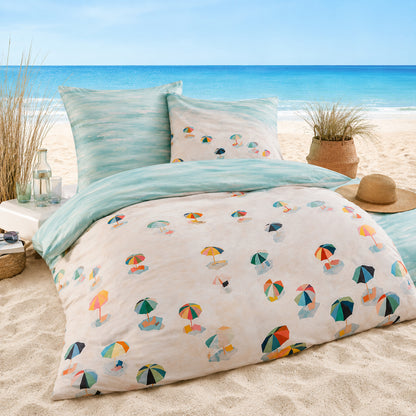 Sympathica Bettwäsche Mako Satin 5311 Strand Sonnenschirm blau 135x200
