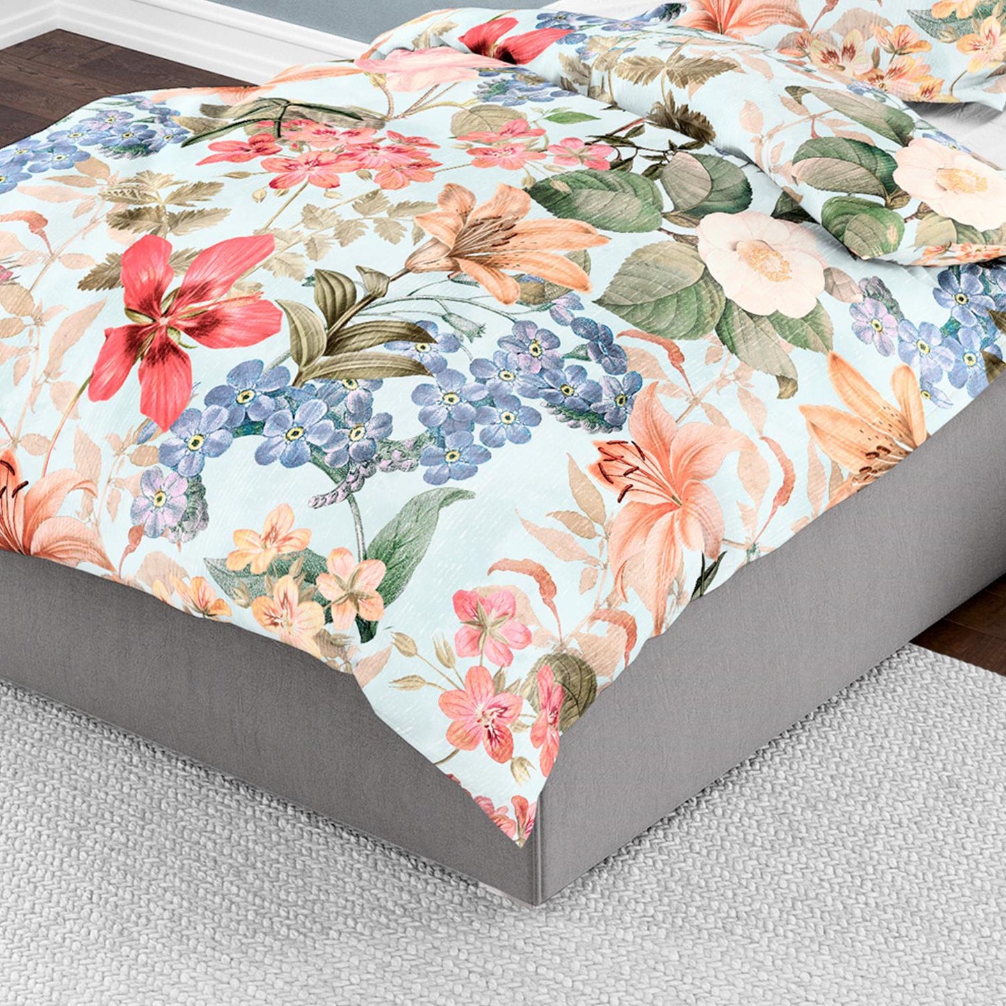 Bettwäsche Bierbaum Mako Satin 5313-20 Blumen Hellblau Beige 135x200