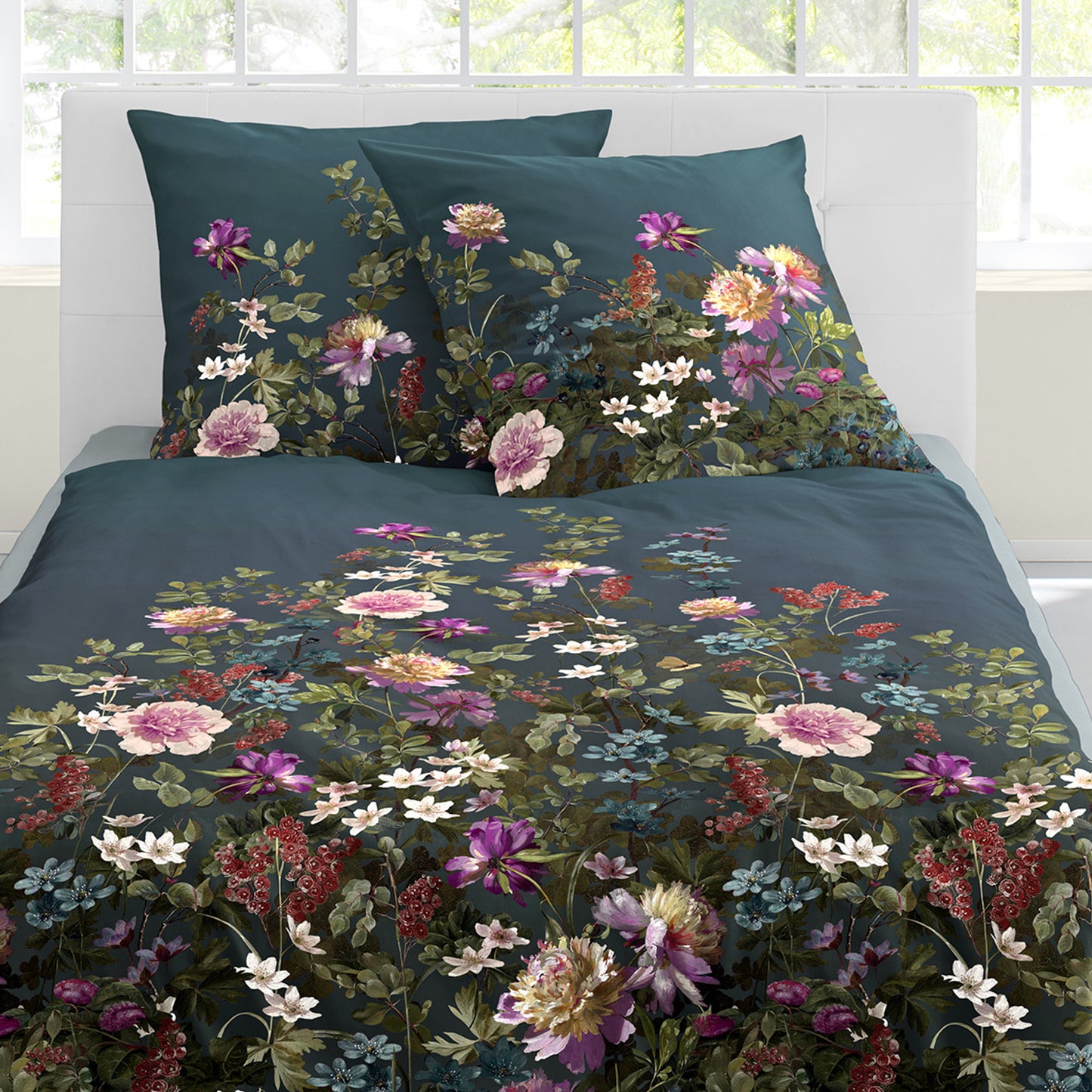 Bettwäsche Bierbaum Mako Satin 5323-20 Blumen Ozeanblau Grün 135x200