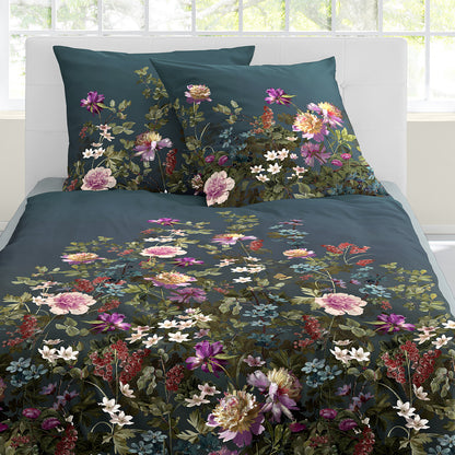 Bettwäsche Bierbaum Mako Satin 5323-20 Blumen Ozeanblau Grün 135x200