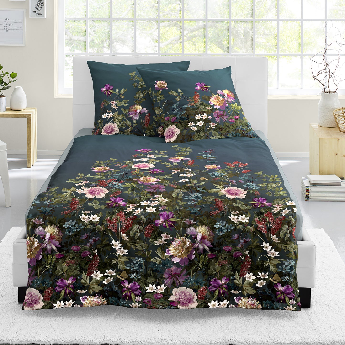 Bettwäsche Bierbaum Mako Satin 5323-20 Blumen Ozeanblau Grün 135x200