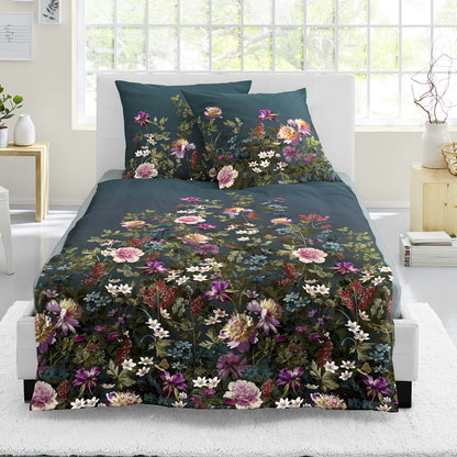 Bettwäsche Bierbaum Mako Satin 5323-20 Blumen Ozeanblau Grün 135x200