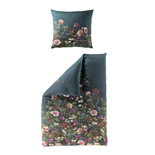 Bettwäsche Bierbaum Mako Satin 5323-20 Blumen Ozeanblau Grün 135x200