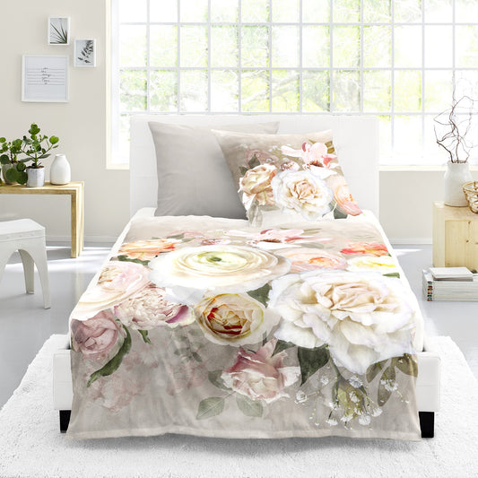 Bettwäsche Bierbaum Mako Satin 5325-90 Blumen grau altrosa 135x200