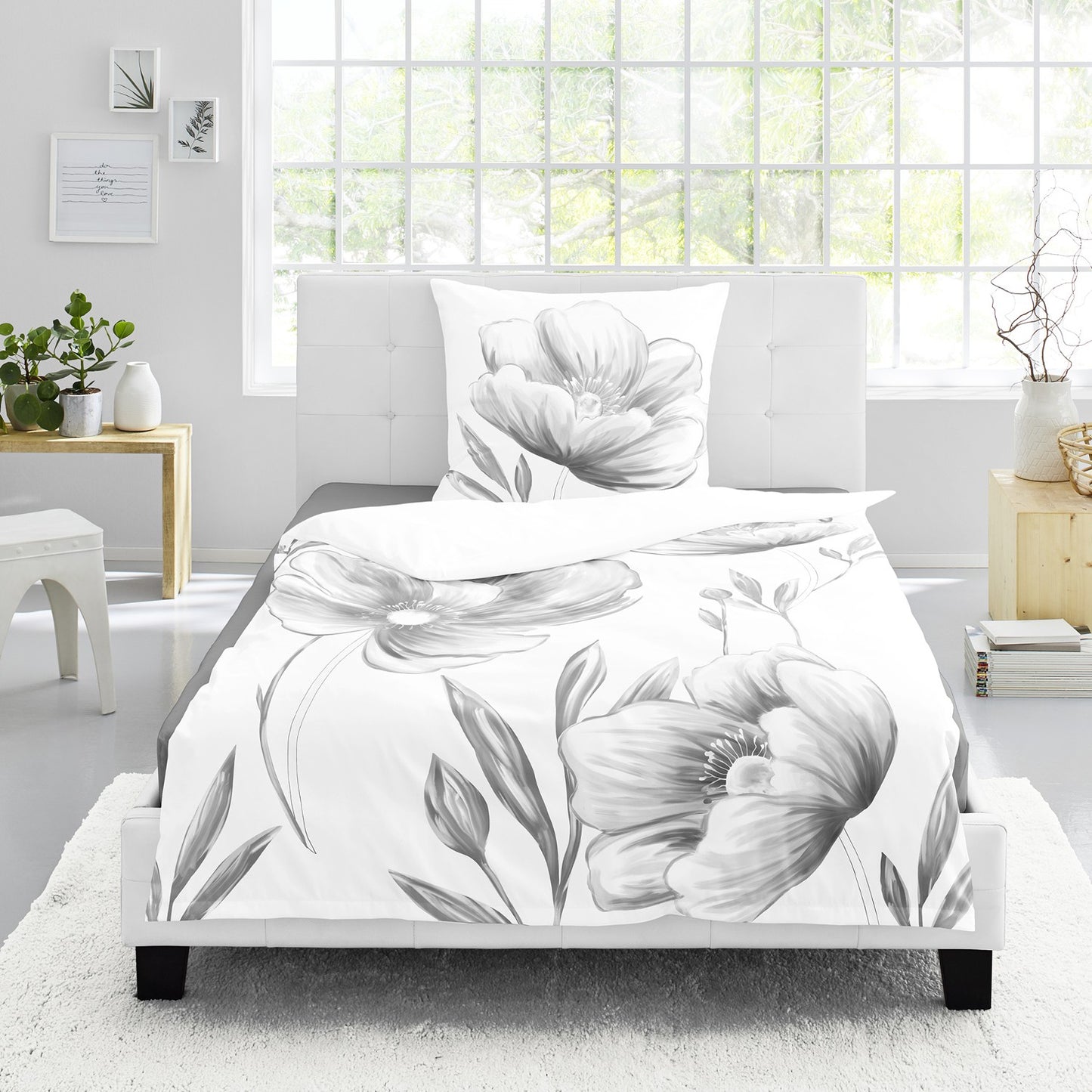 Bettwäsche Bierbaum Mako Satin 5332-10 Blumen weiß grau 135x200