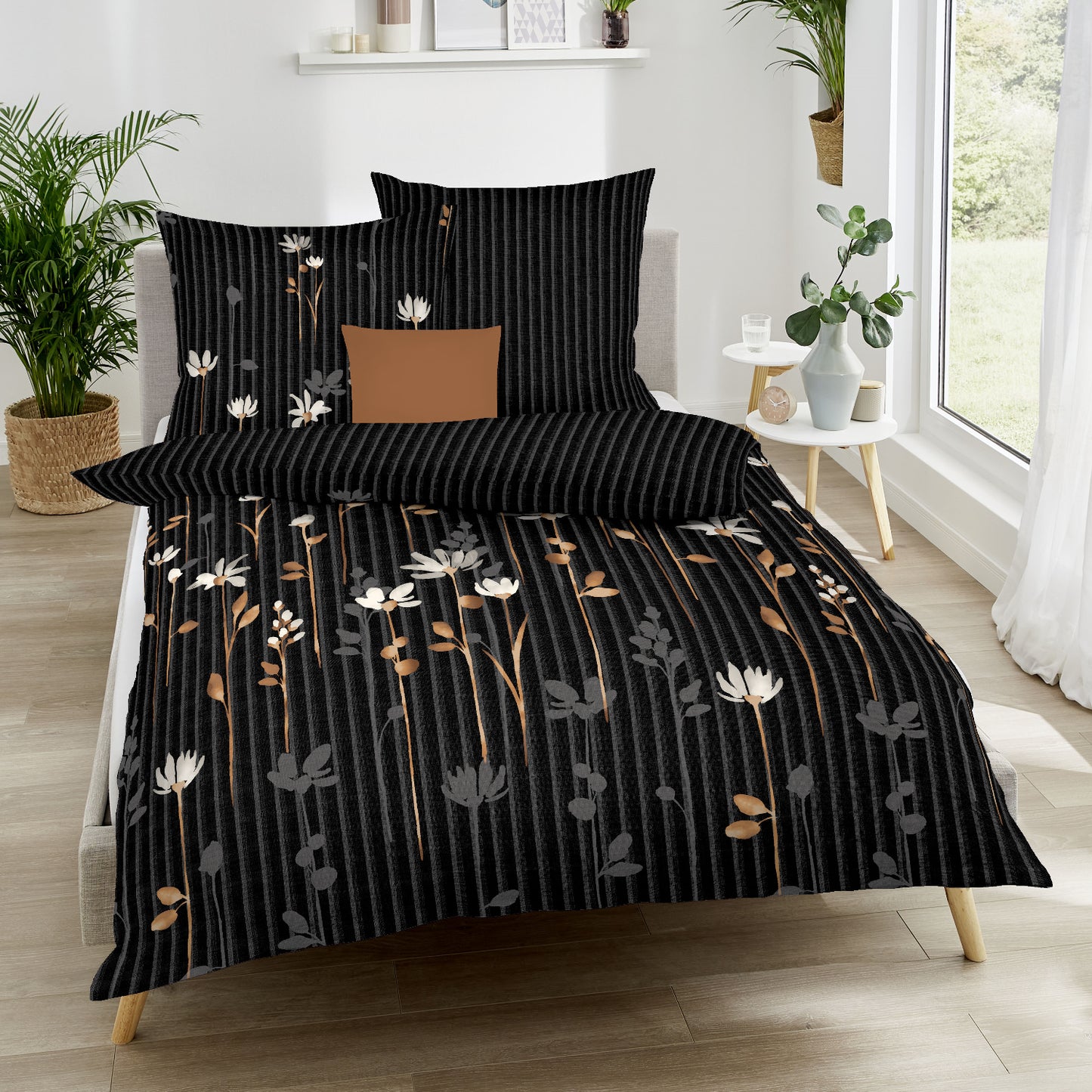 Bettwäsche Kaeppel Satin 542-10 Floral Stripes Blumen schwarz 135x200