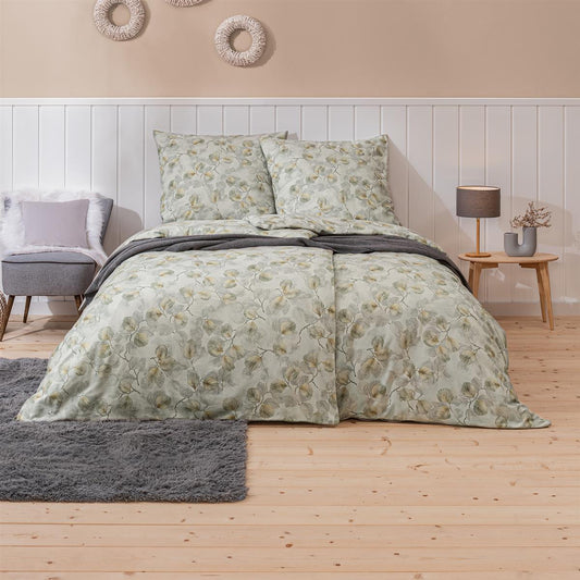 Estella Edelflanell Bettwäsche Molveno 5466-016 Blätter Khaki 135x200