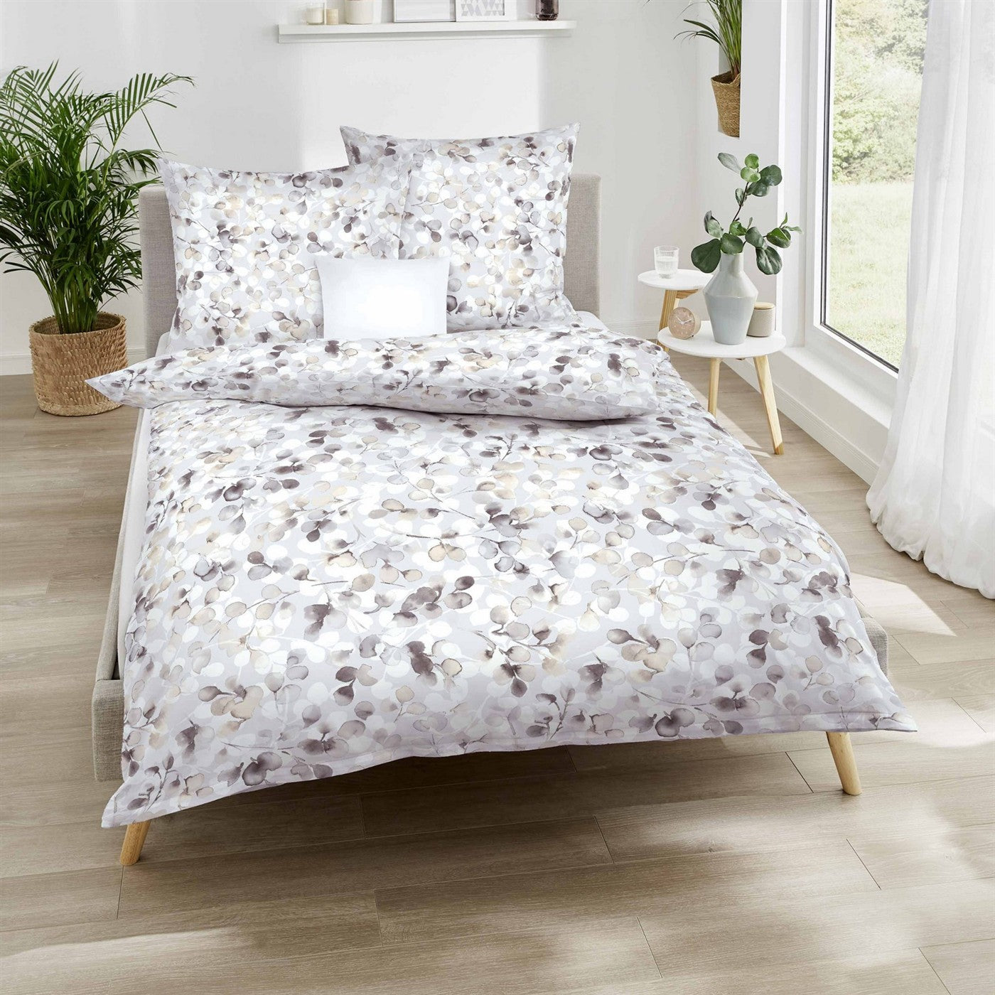 Bettwäsche Interlock Jersey Enchanted Grau mit Blättermuster 135 x 200 cm