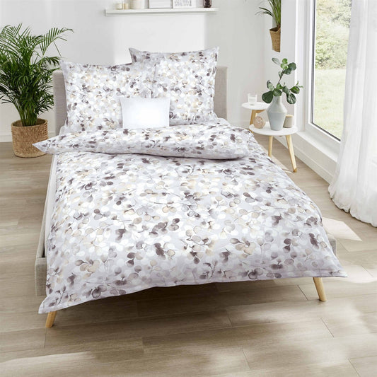 Bettwäsche Interlock Jersey Enchanted Grau mit Blättermuster 135 x 200 cm