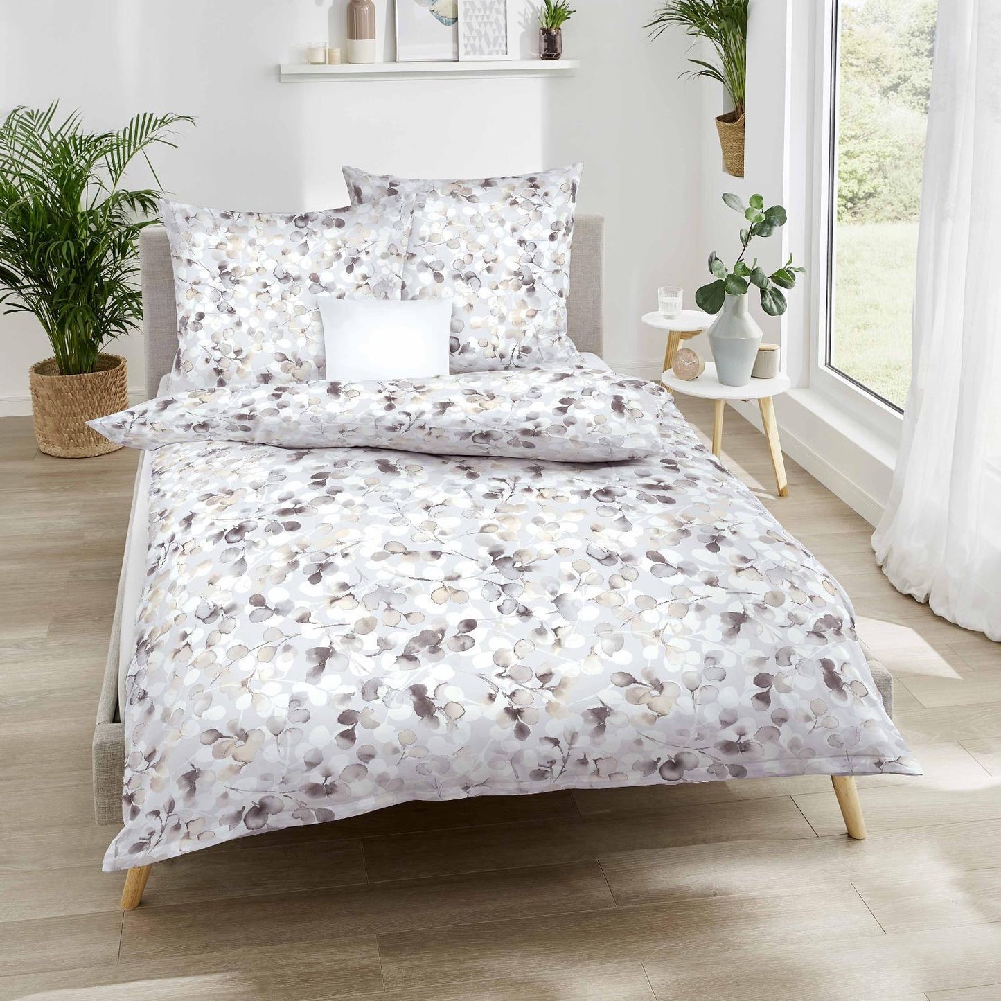 Bettwäsche Kaeppel Satin 565-639 Stein grau beige Blätter 135x200