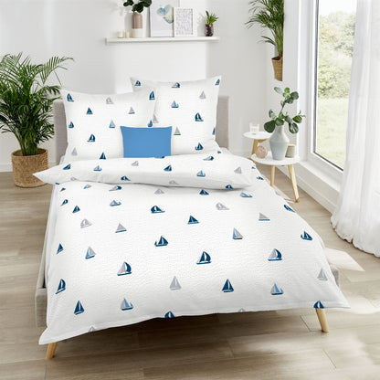 Bettwäsche Seersucker Sailing Boats Blau mit Segelbootmotiv 135 x 200 cm