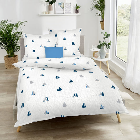 Bettwäsche Seersucker Sailing Boats Blau mit Segelbootmotiv 135 x 200 cm