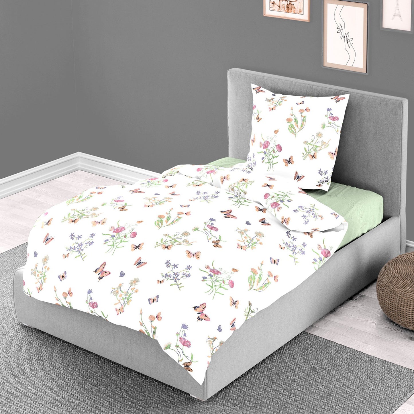 Bettwäsche Bierbaum Mako Satin 6117-10 Schmetterling Blumen 135x200